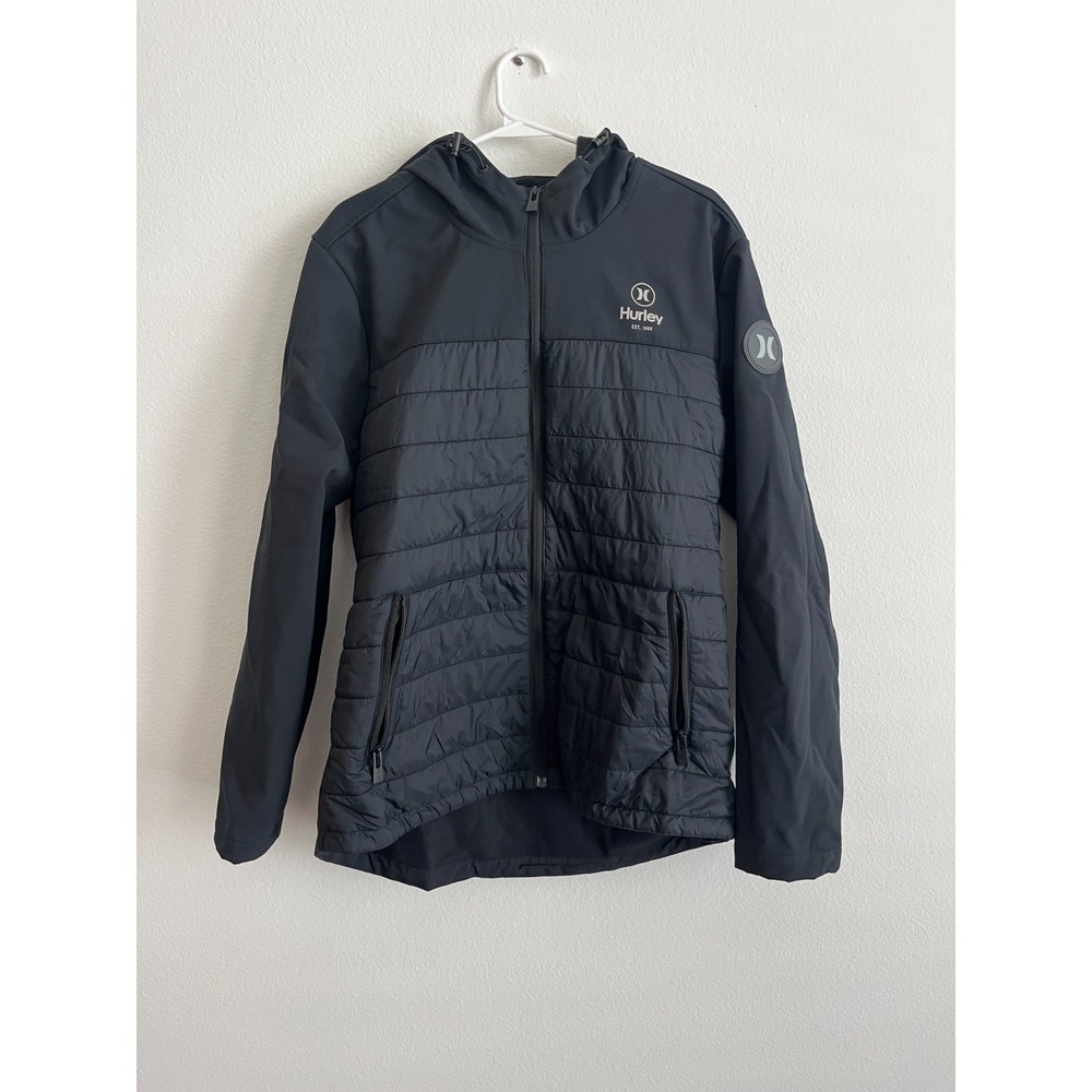 Hurley Puffer Jacket Mens Medium Black Lined Insulated Hooded Wind Resistant‎